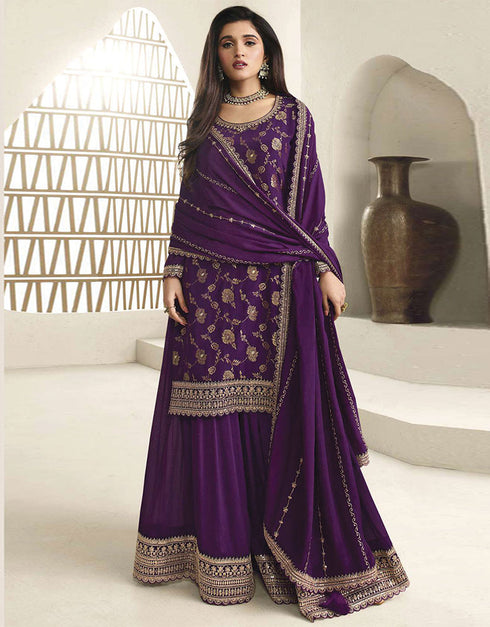 Designer Traditional Wear Viscose Chinon Salwar Suit Purple Viscose Chinon Palazzo Suit Front View